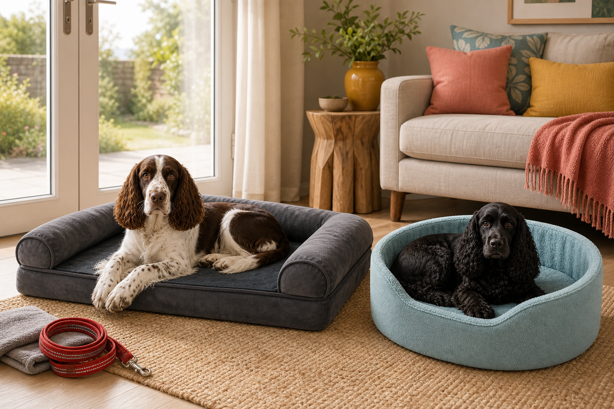 Pevvi resting in a grey bolster dog bed beside a Cocker Spaniel in a blue cosy nest bed