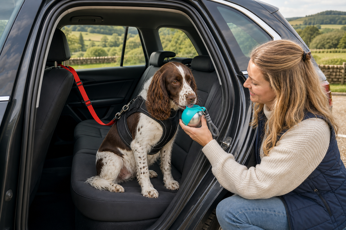 Pevvi the English Springer Spaniel restrained by a red car tether and drinking from a compact travel bottle