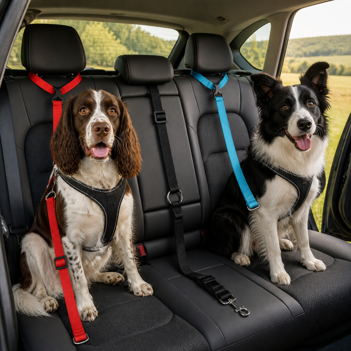 Pevvi and a Border Collie using red and blue adjustable car tethers with the black variant visible