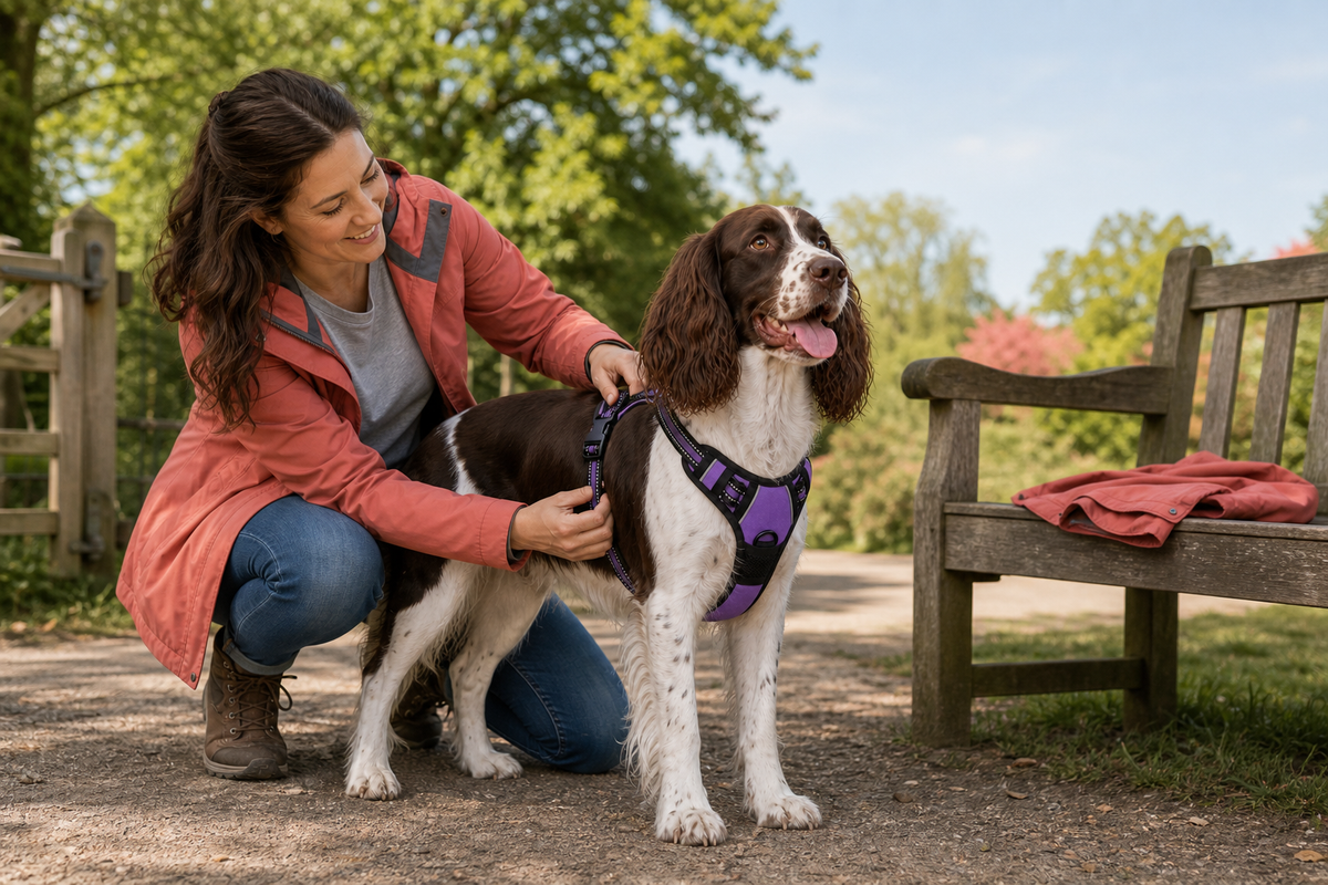 Pevvi the English Springer Spaniel having a purple padded walking harness adjusted in a British park