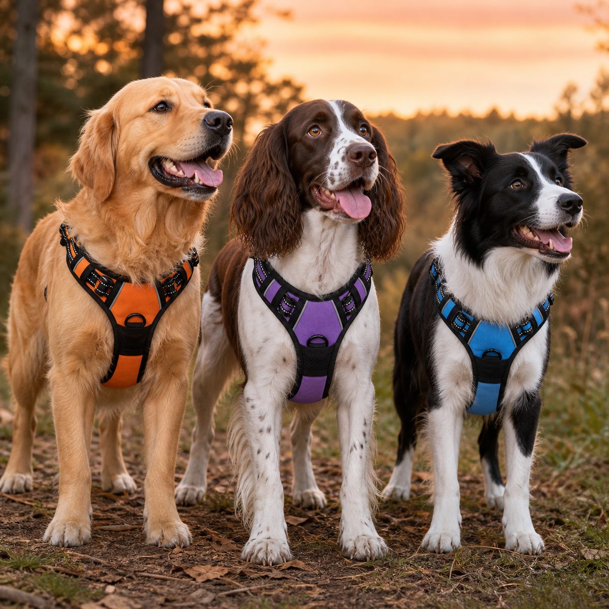Pevvi and two dogs wearing purple, orange and blue reflective padded harness variants