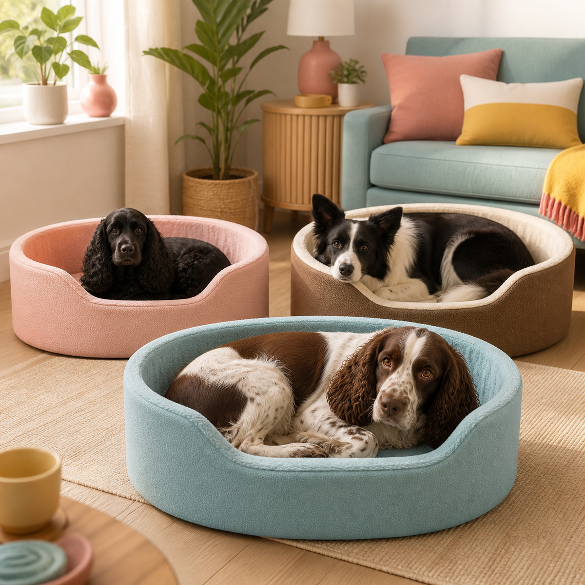 Pevvi and two dogs resting in lake blue, pink and brown Cosy Cloud beds