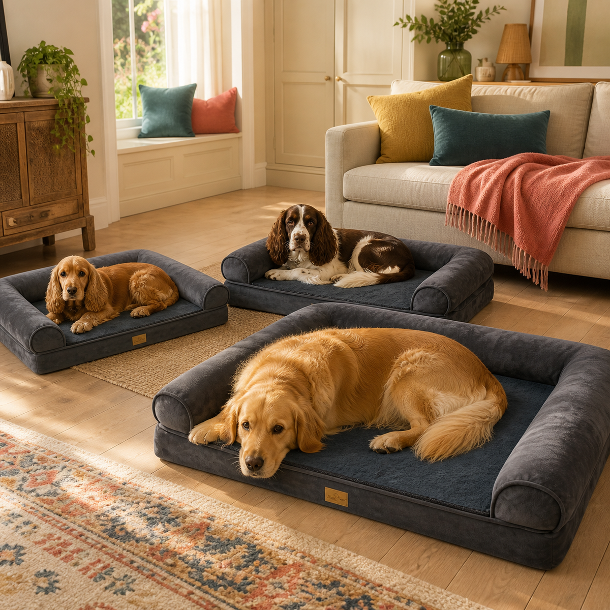 Pevvi and two dogs relaxing in three sizes of grey Dream Nest bolster bed